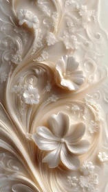 Pearlescent floral relief with flowing sculpted petals.
