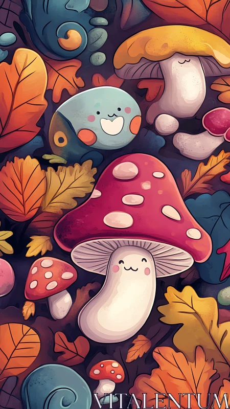 Whimsical kawaii mushrooms animate an autumn forest floor