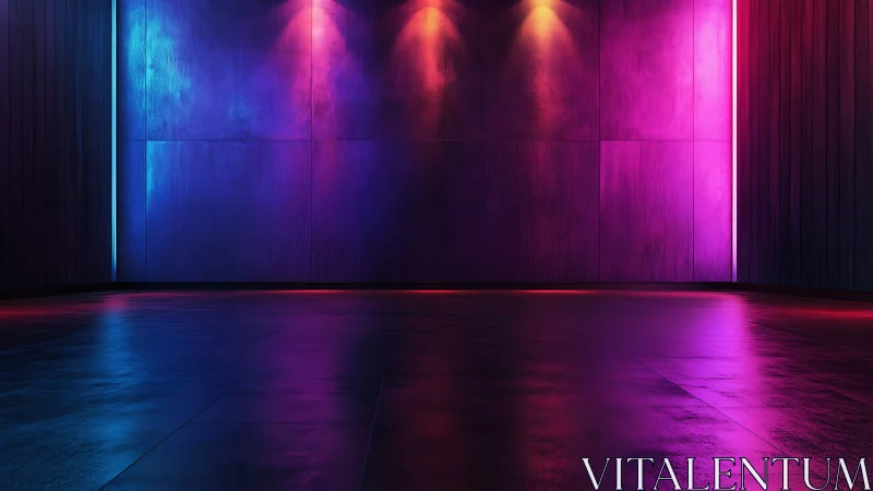 Neon lit empty room with reflective floor and colored walls