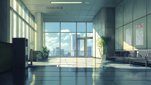 Daylit corridor overlooks urban skyline through glass wall