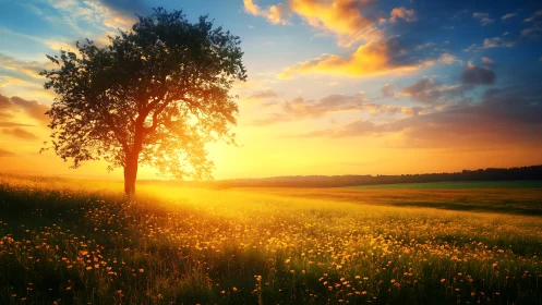 Solitary tree glows in golden light over a tranquil meadow