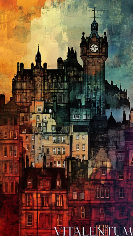 Layered cityscape with clock tower under gradient sky.