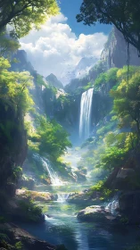 Cascading mountain waterfalls in sunlit fantasy gorge.