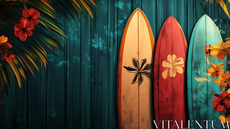 Three surfboards stand vertically against teal wood wall
