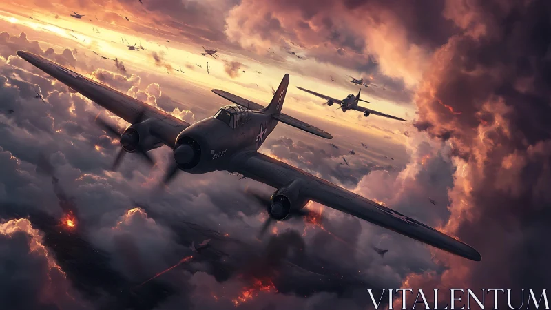 WWII bombers slice through burning storm clouds at dusk