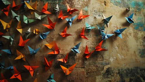 Multiple origami paper birds are arranged on a textured wall