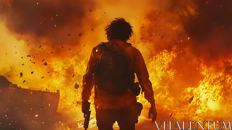 Silhouetted figure stands facing large-scale fire explosion