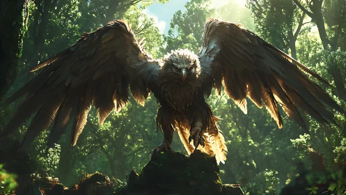 Majestic Fantasy Griffin in Sunlit Enchanted Forest, Digital Art.