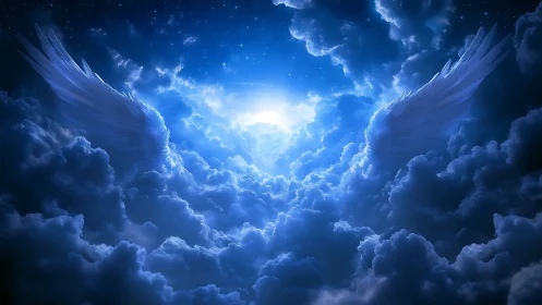 Digital cloudscape depicts wings framing a bright central light