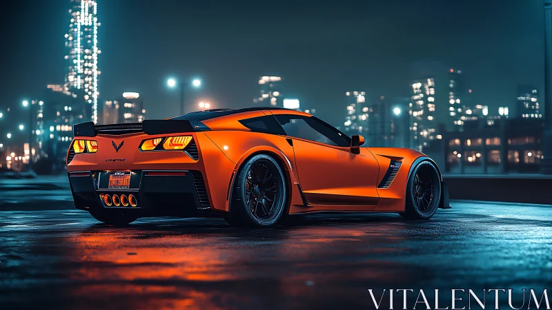 Neon-lit orange sports car gleams against futuristic city skyline.