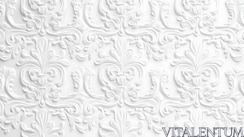 Elegant white ornate baroque wall pattern with embossed floral design.