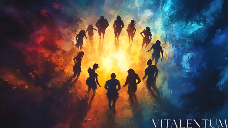Silhouetted figures encircling radiant portal in warm cool contrast