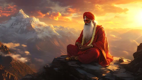 Meditating sage in saffron robes on sunlit Himalayan peak edge
