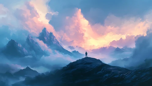 Lone dreamer greeting sunrise over misty blue peaks.