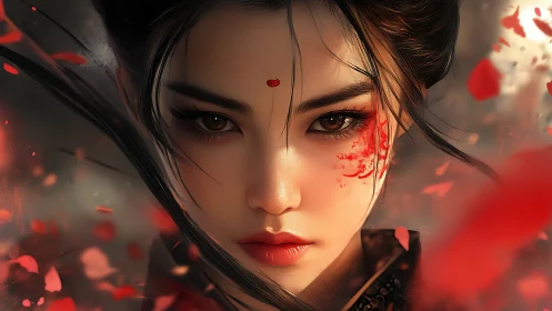 Digital painting portrait of warrior geisha with crimson petals.