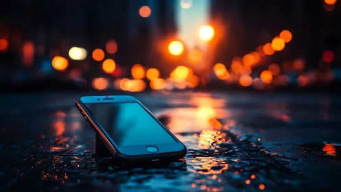 Smartphone on wet city street with blurred evening lights.