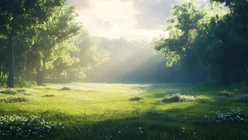 Soft morning sunbeams drifting across a quiet green meadow.