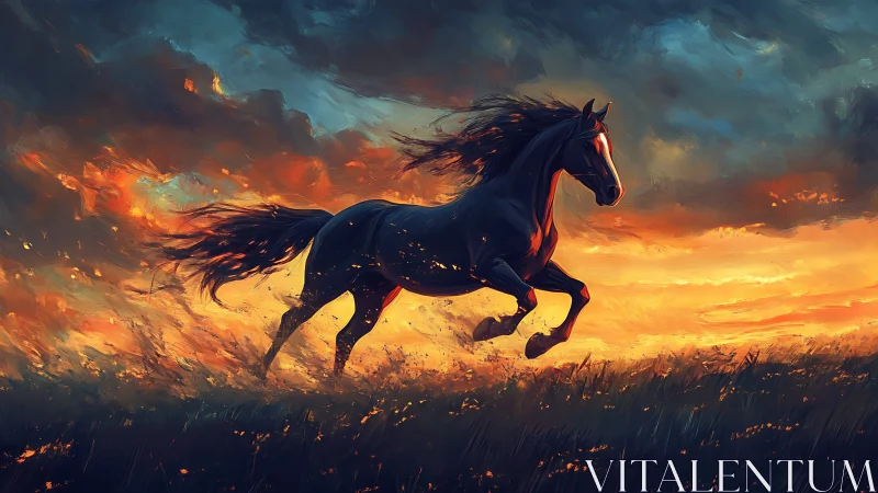 Wild midnight horse races through glowing sunset fire sky