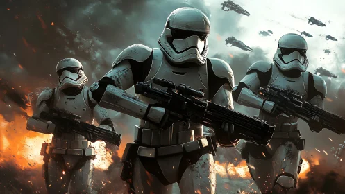 3D sci-fi infantry charge with armored troopers in formation.