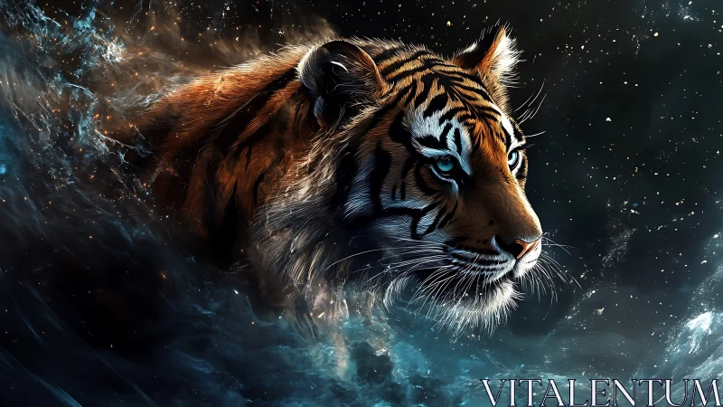 Cosmic nebula tiger portrait with luminous blue highlights