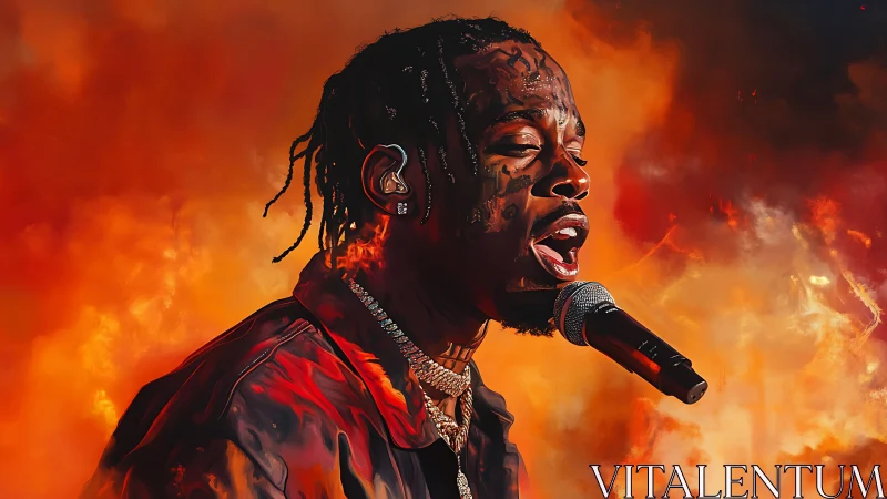 Fiery rapper portrait captures intense live performance energy.
