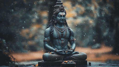 Monochrome-rendered meditative deity statue under rainfall.