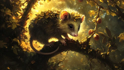 Forest mouse crowned in autumn leaves on glowing branch.
