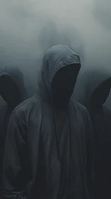 Hooded faceless silhouettes emerging from volumetric fog field.