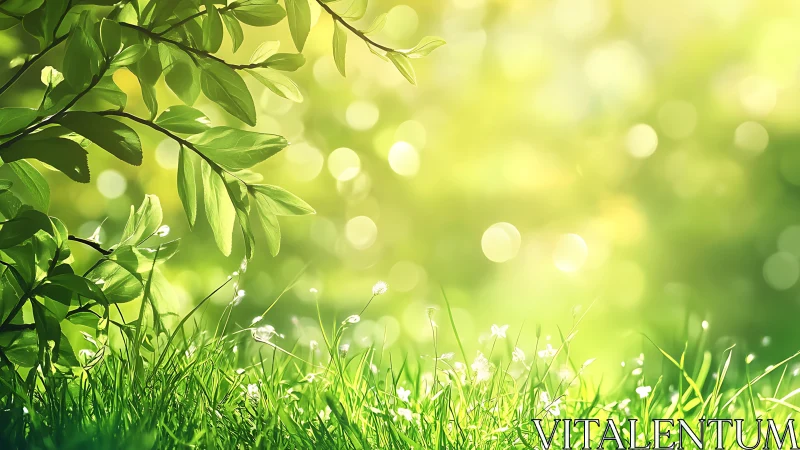 Sunlit Spring Grass and Leaves in Soft Focus Nature Scene.