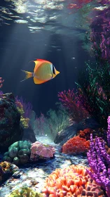 Tropical reef scene with single fish and varied coral formations.