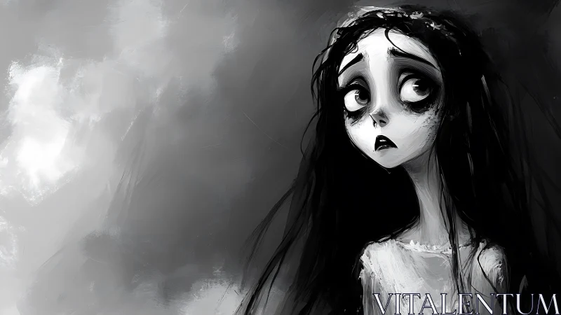 Haunted-eyed girl in monochrome storm of brushstrokes.