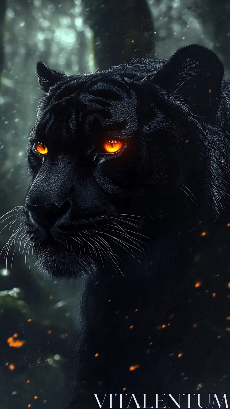 Fiery-eyed black panther gazes through embers in shadowed jungle.