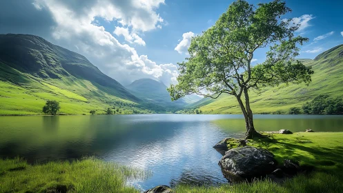 Solitary lakeside tree beside reflective highland reservoir