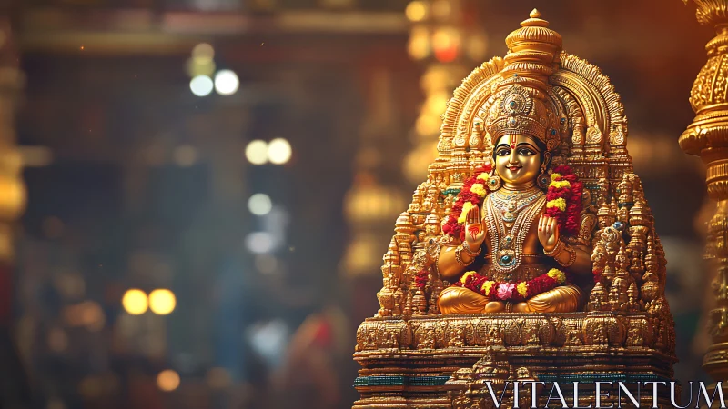 Golden Hindu deity statue with garlands in soft temple light.