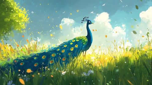 Luminous digital peacock in backlit meadow atmosphere study.