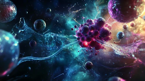 Cosmic cell cluster glows in a vibrant nebula of color and light