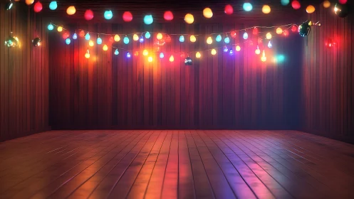 Wooden interior illuminated by colorful string lights with soft bokeh