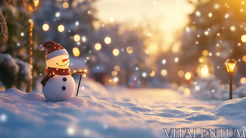 Snowman holds sparkler in soft-focus winter landscape at dusk
