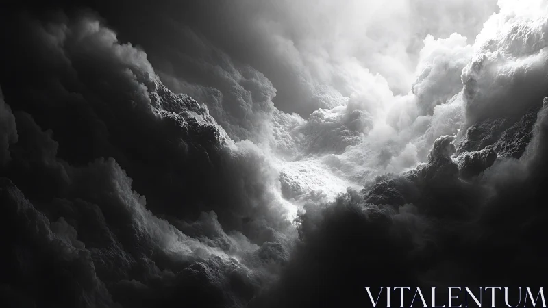 Monochrome volumetric cloud formation with strong contrast.