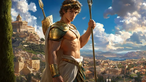 Heroic Greek warrior overlooking grand ancient cityscape.