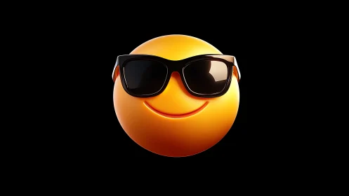 3D glossy smiley emoji with sunglasses on black ground.