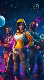 Trio of futuristic space heroes ready for neon-lit battle.