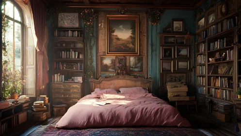 Sunlit library bedroom where old books cradle soft dreams.