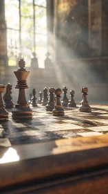 Backlit wooden chess set in shallow depth sunlit interior