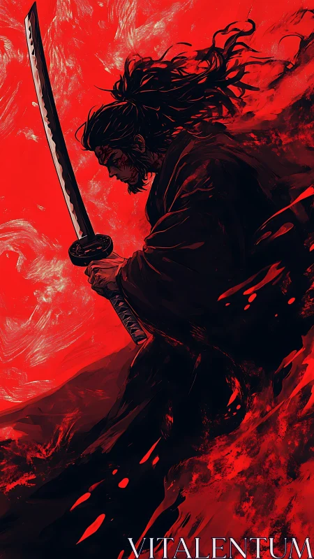 Samurai silhouette with katana against turbulent crimson sky