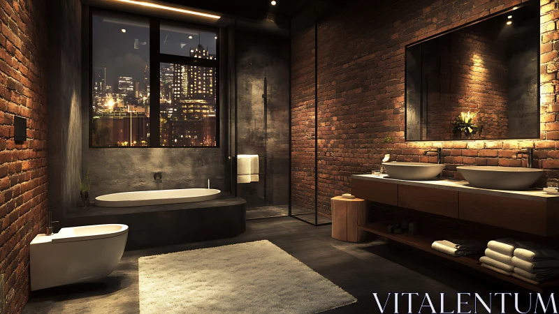 Industrial loft bathroom glows warmly above the city lights