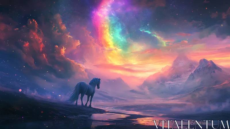 White horse watches aurora curling over glowing ice valley