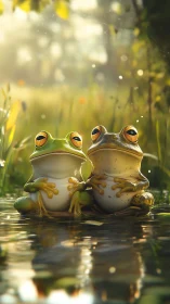 Two stylized frogs sit reflected by sunlit pond edge