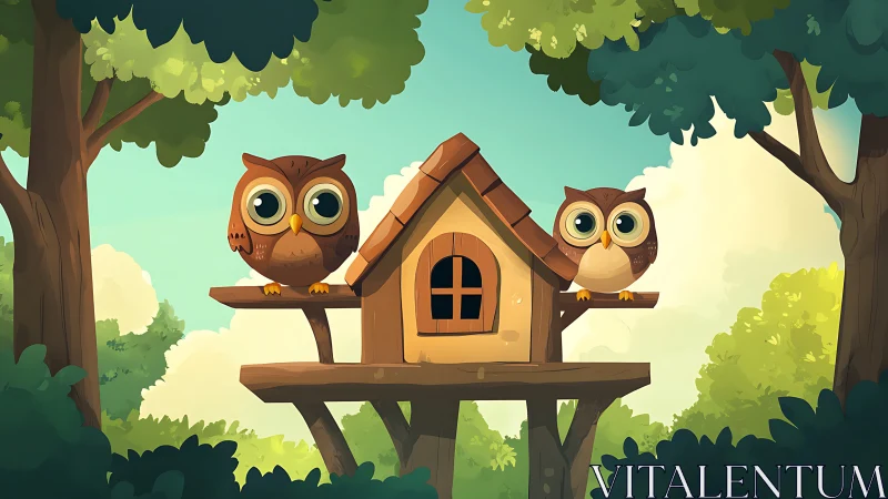 Two Cute Cartoon Owls on a Treehouse in a Whimsical Forest Scene.