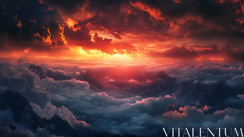 Sunset light penetrates storm clouds above rugged mountains